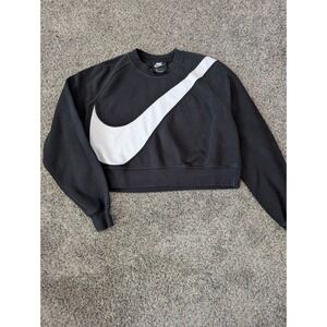 Nike Womens Big Swoosh Cropped Sweatshirt Black White Fleece Pullover Small